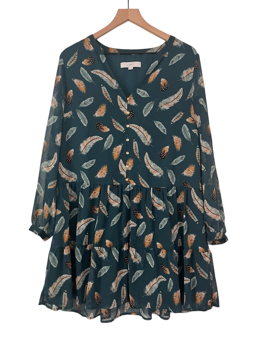 LOFT Long Sleeve Green Chiffon Feather Print Drop Waist Dress Size  Medium